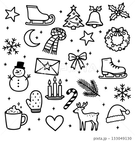 Hand Drawn Christmas Doodle Set. Cute Holiday Line Art Icons Hand Drawn Christmas Doodle Set. Cute Holiday Line Art Icons 133049130