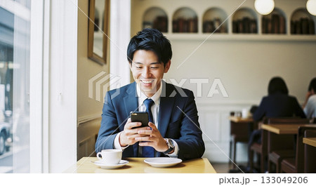 カフェでスマホを使うビジネスマン 133049206