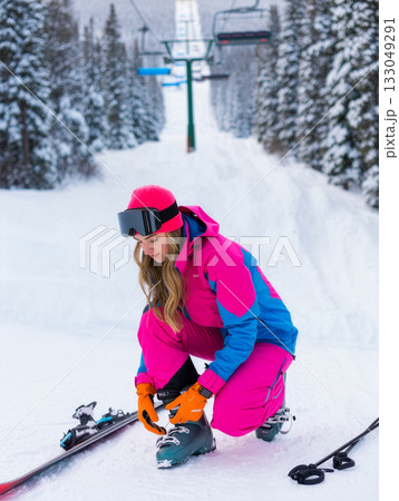 Skiing enthusiast prepares for a day on the slopes in colorful winter gear at a snowy mountain in the morning light 133049291
