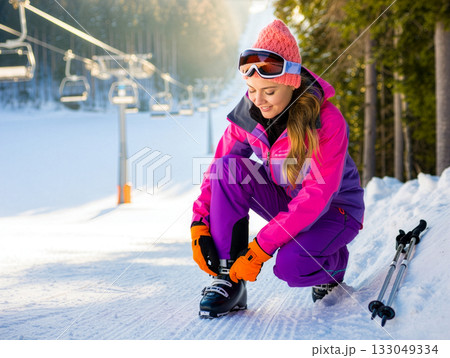 Woman enjoying a sunny day skiing while adjusting her gear at a mountain resort in winter, showcasing her vibrant outfit and cheerful demeanor Woman enjoying a sunny day skiing while adjusting her gear at a mountain resort in winter, showcasing her vibrant outfit and cheerful demeanor 133049334