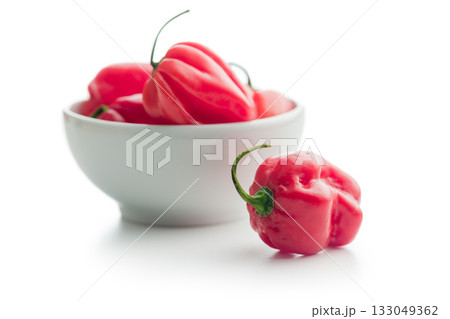 Red chili pepper habanero isolated on white background. 133049362