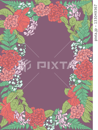 Beautiful hand drawn line art pink rose flowers and leaves vertical oval frame 133049367