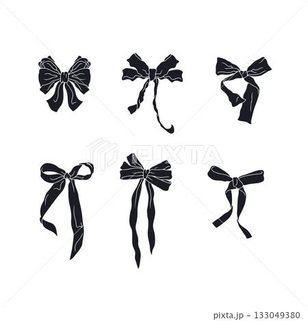 Cute hand drawn fancy bow knots black silhouettes bundle isolated on white background. Pretty vintage monochrome coquettes se Cute hand drawn fancy bow knots black silhouettes bundle isolated on white background. Pretty vintage monochrome coquettes se 133049380