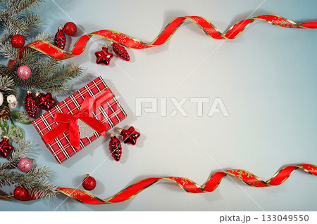 New Year's sales and shopping concept, Holiday gift boxes for a festive evening with Christmas decorations and fir branches Black Friday, advertising banner for a store and screen template New Year's sales and shopping concept, Holiday gift boxes for a festive evening with Christmas decorations and fir branches Black Friday, advertising banner for a store and screen template 133049550