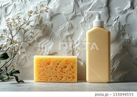Non-toxic Sponge next to a light detergent bottle with blank labels on a background in beige colors. Bathroom cleaning. 133049555