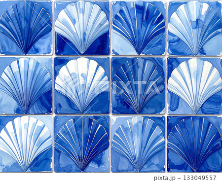 Seamless pattern. Texture of ceramic tile with a pattern of sea shells in blue tones. Design mockup for bathroom interior. Decoration background. Seamless pattern. Texture of ceramic tile with a pattern of sea shells in blue tones. Design mockup for bathroom interior. Decoration background. 133049557