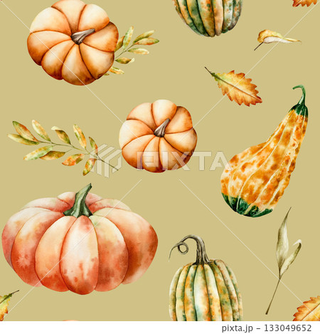 Watercolor seamless pattern with pumpkins painted in orange and green tones. Hand-drawn maple, oak leaf, halloween autumn vegetable perfect for harvest and thanksgiving themes. Isolated botanical 133049652