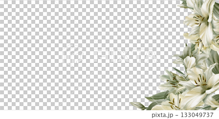 White lily flower and leaves in cemicircular template as a symbol of grief and sorrow.Grace in its solitude and peace.Hand drawn watercolor template for funeral,baptism,communion,wedding,church White lily flower and leaves in cemicircular template as a symbol of grief and sorrow.Grace in its solitude and peace.Hand drawn watercolor template for funeral,baptism,communion,wedding,church 133049737