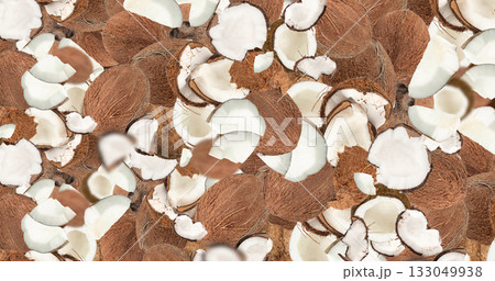 Whole and broken coconuts pattern, coco nut pieces textured background Whole and broken coconuts pattern, coco nut pieces textured background 133049938