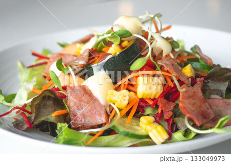 Close up of Home made caesar salad with bacon in ; Selective focus 133049973