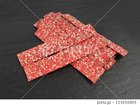 Beetroot crackers, thin rusk beet root bread, red diet multigrain crispbread, various seeds Beetroot crackers, thin rusk beet root bread, red diet multigrain crispbread, various seeds 133050005