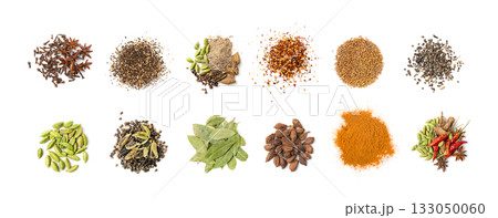 Various spices isolated. Dry indian seasoning collection, assorted condiment set, spice herbs 133050060