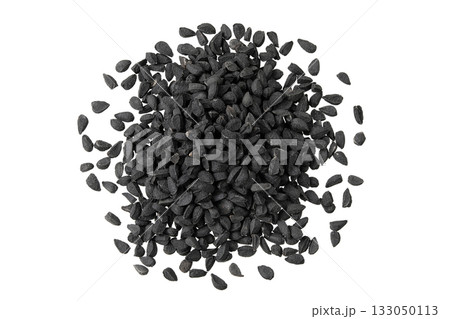 Nigella sativa or Black cumin isolated on white background. Top view. Flat lay Nigella sativa or Black cumin isolated on white background. Top view. Flat lay 133050113