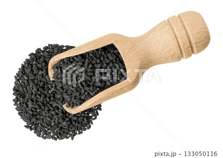 Nigella sativa or Black cumin in wooden scoop isolated on white background. Top view. Flat lay Nigella sativa or Black cumin in wooden scoop isolated on white background. Top view. Flat lay 133050116
