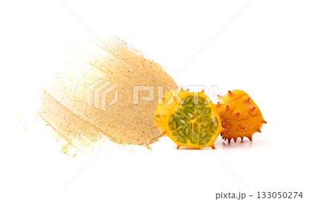 Yellow body scrub texture smear isolated. Creamy face cosmetic swatch 133050274