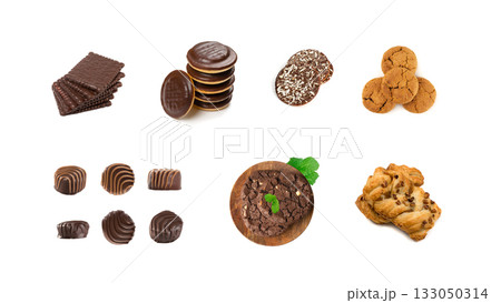 Assorted cakes set isolated. Many biscuit desserts, sweet bakery collage, cookie collection Assorted cakes set isolated. Many biscuit desserts, sweet bakery collage, cookie collection 133050314