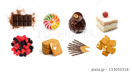 Assorted cakes set isolated. Many biscuit desserts, sweet bakery collage, cookie collection 133050316