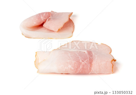 Baked Pork Slices Isolated, Roasted Sliced Loin, Tenderloin Ham Pieces, Boiled Meat Fillet Cuts Baked Pork Slices Isolated, Roasted Sliced Loin, Tenderloin Ham Pieces, Boiled Meat Fillet Cuts 133050332