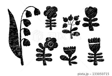 Black Crayon Flowers. Folk Art. Floral Elements Silhouette set. Isolated Textured hand-drawn doodles. Primitive stylized vector drawings. Not AI 133050715