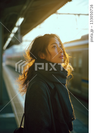 夕陽に照らされる女性のポートレート|駅のホームに佇む、旅立ちと希望の一瞬 夕陽に照らされる女性のポートレート|駅のホームに佇む、旅立ちと希望の一瞬 133050716