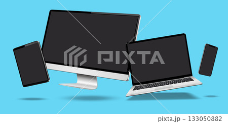 Realistic computer, laptop, and tablet mockup with blank screens. Digital devices levitation on blue background. Realistic computer, laptop, and tablet mockup with blank screens. Digital devices levitation on blue background. 133050882