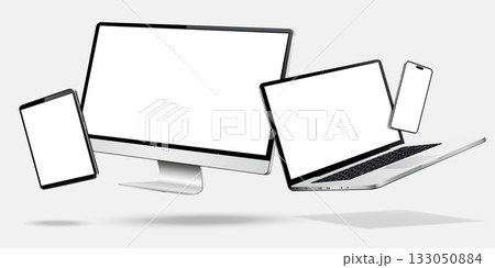 Flying computer display, laptop, tablet, mobile phone with white screen isolated 133050884