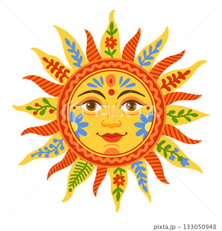 Decorative sun face illustration with floral rays in vibrant folk art style on white background 133050948