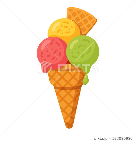 Colorful ice cream cone with three scoops and waffle texture in bright vector illustration 133050950