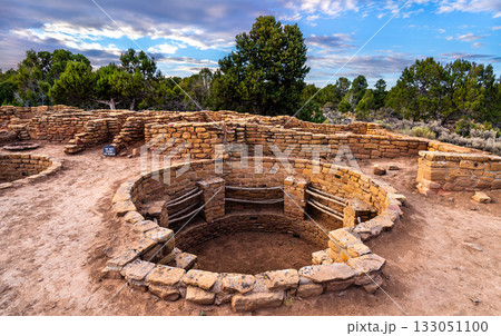 Ruins of Coyote Village in Mesa Verde National Park. A large, circular kiva is prominent in the foreground, with stone walls and trees under a blue sky with clouds Ruins of Coyote Village in Mesa Verde National Park. A large, circular kiva is prominent in the foreground, with stone walls and trees under a blue sky with clouds 133051100