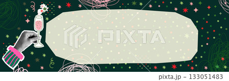 Christmas vector banner with hand holding a glass of champagne and copy space for posters and invitations for holiday celebrations 133051483