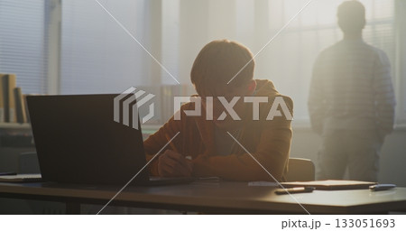 Teenage Boy Sits Desk in Soft Afternoon Light, Focused on Laptop Screen 133051693
