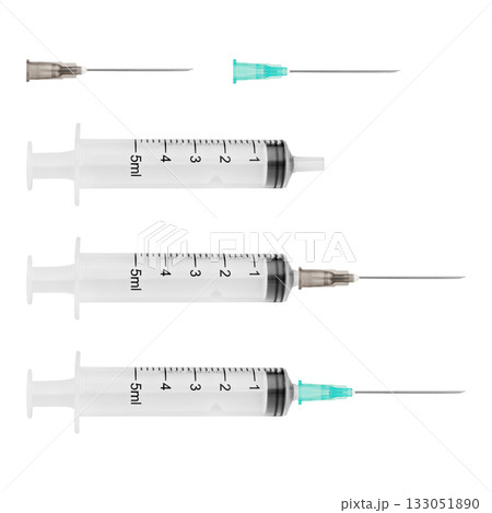 A set of medical syringes and needles for injections isolated on a white background A set of medical syringes and needles for injections isolated on a white background 133051890