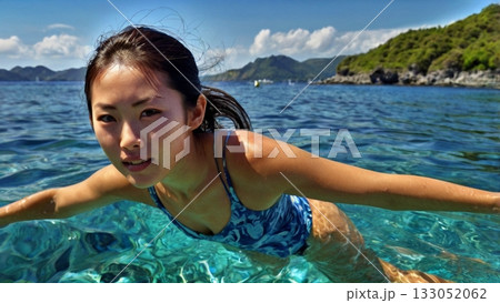 透き通る青い海で輝くようにマリンスポーツを楽しむ幻想的な瞬間 133052062