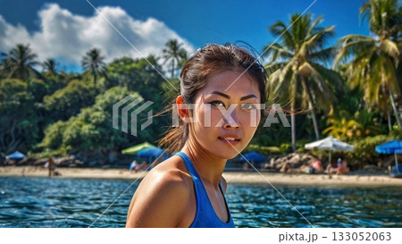 透き通る青い海で輝くようにマリンスポーツを楽しむ幻想的な瞬間 133052063