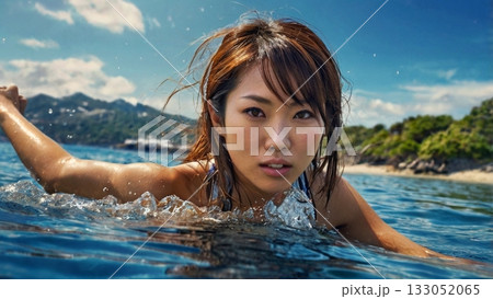 透き通る青い海で輝くようにマリンスポーツを楽しむ幻想的な瞬間 133052065