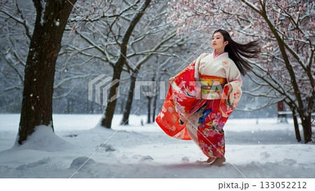 雪の中で舞う伝統美 ― 幻想と力強さを融合したデジタルアート 133052212