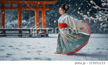 雪の中で舞う伝統美 ― 幻想と力強さを融合したデジタルアート 雪の中で舞う伝統美 ― 幻想と力強さを融合したデジタルアート 133052215