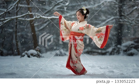 雪の中で舞う伝統美 ― 幻想と力強さを融合したデジタルアート 133052225