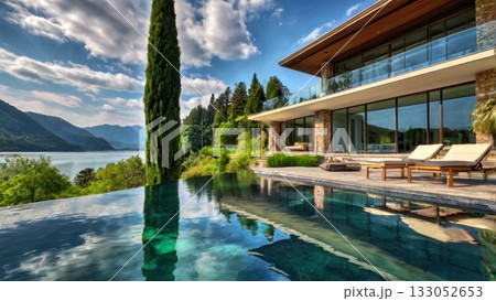 光あふれる湖畔の大豪邸、夢のパノラマビューを楽しむ贅沢空間 133052653