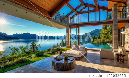 光あふれる湖畔の大豪邸、夢のパノラマビューを楽しむ贅沢空間 133052656