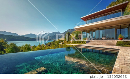 光あふれる湖畔の大豪邸、夢のパノラマビューを楽しむ贅沢空間 133052658