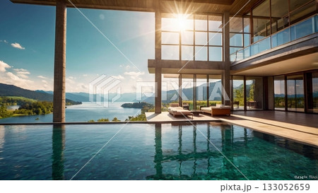 光あふれる湖畔の大豪邸、夢のパノラマビューを楽しむ贅沢空間 133052659