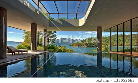 光あふれる湖畔の大豪邸、夢のパノラマビューを楽しむ贅沢空間 133052665