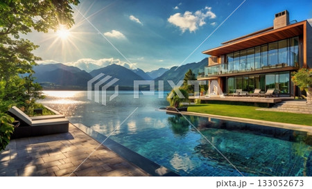 光あふれる湖畔の大豪邸、夢のパノラマビューを楽しむ贅沢空間 133052673