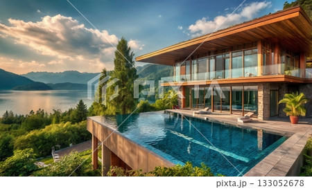 光あふれる湖畔の大豪邸、夢のパノラマビューを楽しむ贅沢空間 133052678