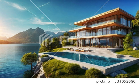 光あふれる湖畔の大豪邸、夢のパノラマビューを楽しむ贅沢空間 133052680