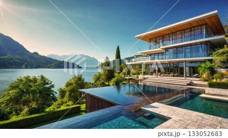 光あふれる湖畔の大豪邸、夢のパノラマビューを楽しむ贅沢空間 133052683