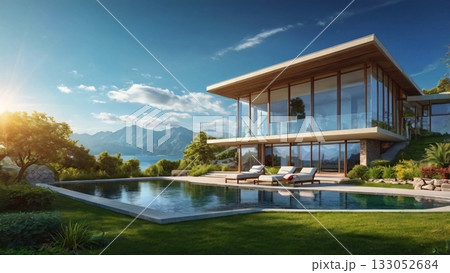 光あふれる湖畔の大豪邸、夢のパノラマビューを楽しむ贅沢空間 133052684