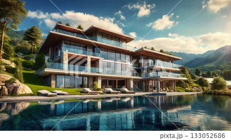 光あふれる湖畔の大豪邸、夢のパノラマビューを楽しむ贅沢空間 133052686