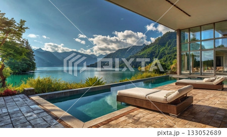 光あふれる湖畔の大豪邸、夢のパノラマビューを楽しむ贅沢空間 133052689